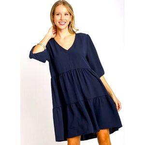 Umgee dress v neck tiered 3/4 sleeve EUC size XL navy blue